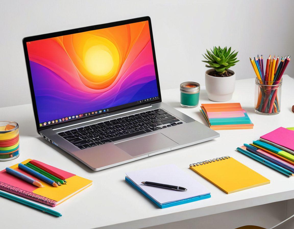 An open laptop on a desk with vibrant slide templates displayed on the screen, surrounded by colorful stationery, painted strokes of creative ideas swirling around, and light bulbs symbolizing inspiration hovering above. The atmosphere radiates creativity and innovation. super-realistic. vibrant colors. white background.