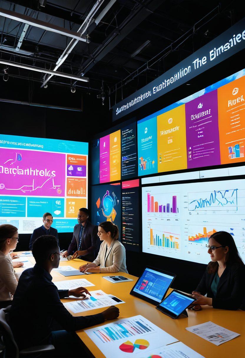A captivating scene illustrating a diverse group of people engaged in an interactive presentation, surrounded by colorful visual aids like charts and infographics. The atmosphere should depict engagement and creativity, with elements like digital screens displaying storytelling visuals. Incorporate a dynamic flow of visual storytelling, ensuring a blend of technology and artistry in the environment. vibrant colors. super-realistic.